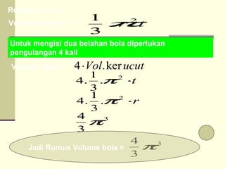 Volume kerucut =  Untuk mengisi dua belahan bola diperlukan pengulangan 4 kali Volume  Bola = Jadi Rumus Volume bola =  Rumus  Prasarat : 