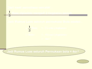 Dari hasil percobaan tercatat : Bola dipindah menjadi 2 lingkaran penuh  Jadi Rumus Luas seluruh permukaan Bola adalah : Jadi Rumus Luas seluruh Permukaan bola = 4  r  2 2 =  4  r L Bola  =  4 Luas Lingkaran L  Bola  =  2 Luas Lingkaran 