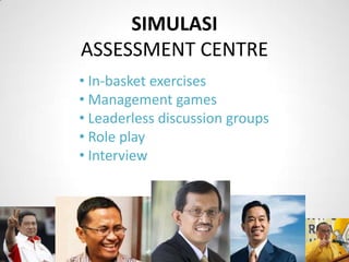 SIMULASI
ASSESSMENT CENTRE
• In-basket exercises
• Management games
• Leaderless discussion groups
• Role play
• Interview
 
