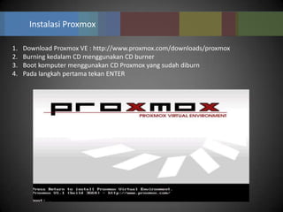 Instalasi Proxmox

1.   Download Proxmox VE : http://www.proxmox.com/downloads/proxmox
2.   Burning kedalam CD menggunakan CD burner
3.   Boot komputer menggunakan CD Proxmox yang sudah diburn
4.   Pada langkah pertama tekan ENTER
 