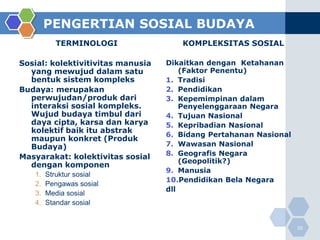 PENGERTIAN SOSIAL BUDAYA
          TERMINOLOGI                 KOMPLEKSITAS SOSIAL

Sosial: kolektivitivitas manusia   Dikaitkan dengan Ketahanan
  yang mewujud dalam satu              (Faktor Penentu)
  bentuk sistem kompleks           1. Tradisi
Budaya: merupakan                  2. Pendidikan
  perwujudan/produk dari           3. Kepemimpinan dalam
  interaksi sosial kompleks.           Penyelenggaraan Negara
  Wujud budaya timbul dari         4. Tujuan Nasional
  daya cipta, karsa dan karya      5. Kepribadian Nasional
  kolektif baik itu abstrak
                                   6. Bidang Pertahanan Nasional
  maupun konkret (Produk
  Budaya)                          7. Wawasan Nasional
Masyarakat: kolektivitas sosial    8. Geografis Negara
                                       (Geopolitik?)
  dengan komponen
                                   9. Manusia
   1.   Struktur sosial
                                   10.Pendidikan Bela Negara
   2.   Pengawas sosial
                                   dll
   3.   Media sosial
   4.   Standar sosial


                                                                   20
 