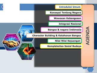LOGO                       Introduksi Umum

                    Konsepsi Tentang Negara

                       Wawasan Kebangsaan

                           Integrasi Nasional

                  Bangsa & negara Indonesia

       Character Building & Ketahanan Bangsa

                        Nilai Nilai Kejuangan

                  Kompleksitas Sosial Budaya
 