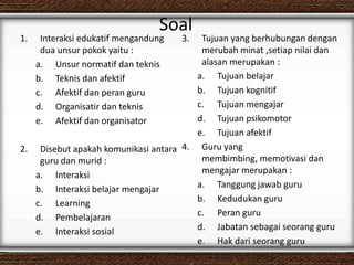 Soal
1. Interaksi edukatif mengandung
dua unsur pokok yaitu :
a. Unsur normatif dan teknis
b. Teknis dan afektif
c. Afektif dan peran guru
d. Organisatir dan teknis
e. Afektif dan organisator
2. Disebut apakah komunikasi antara
guru dan murid :
a. Interaksi
b. Interaksi belajar mengajar
c. Learning
d. Pembelajaran
e. Interaksi sosial
3. Tujuan yang berhubungan dengan
merubah minat ,setiap nilai dan
alasan merupakan :
a. Tujuan belajar
b. Tujuan kognitif
c. Tujuan mengajar
d. Tujuan psikomotor
e. Tujuan afektif
4. Guru yang
membimbing, memotivasi dan
mengajar merupakan :
a. Tanggung jawab guru
b. Kedudukan guru
c. Peran guru
d. Jabatan sebagai seorang guru
e. Hak dari seorang guru
 
