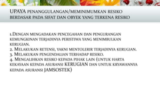 UPAYA PENANGGULANGAN/MEMINIMUMKAN RESIKO
BERDASAR PADA SIFAT DAN OBYEK YANG TERKENA RESIKO

1.DENGAN MENGADAKAN PENCEGAHAN DAN PENGURANGAN
KEMUNGKINAN TERJADINYA PERISTIWA YANG MENIMBULKAN
KERUGIAN.
2. MELAKUKAN RETENSI, YAKNI MENTOLERIR TERJADINYA KERUGIAN.
3. MELAKUKAN PENGENDALIAN TERHADAP RESIKO.
4. MENGALIHKAN RESIKO KEPADA PIHAK LAIN (UNTUK HARTA
KEKAYAAN KEPADA ASURANSI KERUGIAN DAN UNTUK KRYAWANNYA
KEPADA ASURANSI JAMSOSTEK)

 