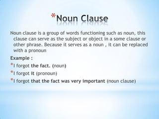 *
Noun clause is a group of words functioning such as noun, this
clause can serve as the subject or object in a some clause or
other phrase. Because it serves as a noun , it can be replaced
with a pronoun
Example :

* I forgot the fact. (noun)
* I forgot it (pronoun)
* I forgot that the fact was very important (noun clause)

 