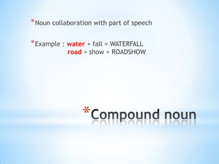 * Noun collaboration with part of speech
* Example : water + fall = WATERFALL

road + show = ROADSHOW

*

 