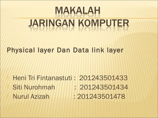 Physical layer Dan Data link layer





Heni Tri Fintanastuti : 201243501433
Siti Nurohmah
: 201243501434
Nurul Azizah
: 201243501478

 