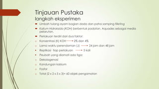 Tinjauan Pustaka
langkah eksperimen
 Limbah tulang ayam bagian dada dan paha samping filleting
 Kalium Hidroksida (KOH) berbentuk padatan. Aquades sebagai media
pelarutan.
 Perlakuan terdiri dari dua faktor:
o Konsentrasi (K) KOH 2% dan 4%
o Lama waktu perendaman (J) 24 jam dan 48 jam
 Replikasi tiap perlakuan 5 kali
 Peubah yang diamati ada tiga:
o Dekolagenasi
o Kandungan kalsium
o Fosfor
o Total (2 x 2 x 5 x 3)= 60 objek pengamatan
 