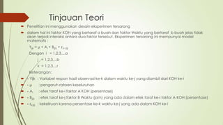 Tinjauan Teori
 Penelitian ini menggunakan desain eksperimen tersarang
 dalam hal ini faktor KOH yang bertaraf a buah dan faktor Waktu yang bertaraf b buah jelas tidak
akan terjadi interaksi antara dua faktor tersebut. Eksperimen tersarang ini mempunyai model
matematis :
Yijk = µ + Ai + Bj(i) + ε k (ij)
Dengan i = 1,2,3,...a
j = 1,2,3,...b
k = 1,2,3,...r
Keterangan:
 - Yijk : Variabel respon hasil observasi ke-k dalam waktu ke-j yang diambil dari KOH ke-i
 - µ : pengaruh rataan keseluruhan
 - Ai : efek taraf ke-i faktor A KOH (persentase)
 - Bj(i) : efek taraf ke-j faktor B Waktu (jam) yang ada dalam efek taraf ke-i faktor A KOH (persentase)
 - εk(ij) : kekeliruan karena persentase ke-k waktu ke-j yang ada dalam KOH ke-i
 