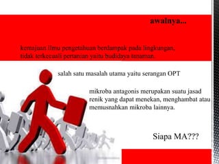 kemajuan ilmu pengetahuan berdampak pada lingkungan,
tidak terkecuali pertanian yaitu budidaya tanaman.
salah satu masalah utama yaitu serangan OPT
mikroba antagonis merupakan suatu jasad
renik yang dapat menekan, menghambat atau
memusnahkan mikroba lainnya.
Siapa MA???
 