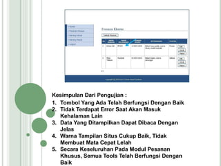Kesimpulan Dari Pengujian :
1. Tombol Yang Ada Telah Berfungsi Dengan Baik
2. Tidak Terdapat Error Saat Akan Masuk
Kehalaman Lain
3. Data Yang Ditampilkan Dapat Dibaca Dengan
Jelas
4. Warna Tampilan Situs Cukup Baik, Tidak
Membuat Mata Cepat Lelah
5. Secara Keseluruhan Pada Modul Pesanan
Khusus, Semua Tools Telah Berfungsi Dengan
Baik
 