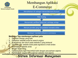 Universitas 
Muhammadiyah Gresik 
Membangun Aplikasi 
E-Commerce 
Mendaftarkan diri sebagai Internet Merchant Account 
Web Hosting 
Memperoleh sertifikat Digital dari Lembaga verisgn 
Mencari provider yang menyediakan transaksi online 
Membuat / membeli software e-commerce 
Beberapa Tips membangun aplikasi yaitu 
1. Gunakan Design yang baik 
2. Daftarkan website anda ke search engine 
3. Buat banner dan taruh pada website 2 yang terkenal 
4. Taruhlah URL website anda pada signature e-mail andan 
5. Promosikan website anda 
6. Hindari Spamming 
7. Ciptakan hubungan link timbal balik dengan perusahaan sejenis 
8. Perhitingkan segala kemungkinan website rival sejenis 
Sistem Informasi Manajemen 
 