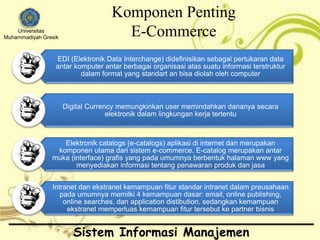 Universitas 
Muhammadiyah Gresik 
Komponen Penting 
E-Commerce 
EDI (Elektronik Data Interchange) didefinisikan sebagai pertukaran data 
antar komputer antar berbagai organisasi atas suatu informasi terstruktur 
dalam format yang standart an bisa diolah oleh computer 
Digital Currency memungkinkan user memindahkan dananya secara 
elektronik dalam lingkungan kerja tertentu 
Elektronik catalogs (e-catalogs) aplikasi di internet dan merupakan 
komponen utama dari sistem e-commerce. E-catalog merupakan antar 
muka (interface) grafis yang pada umumnya berbentuk halaman www yang 
menyediakan informasi tentang penawaran produk dan jasa 
Intranet dan ekstranet kemampuan fitur standar intranet dalam preusahaan 
pada umumnya memilki 4 kemampuan dasar: email, online publishing, 
online searches, dan application distibution. sedangkan kemampuan 
ekstranet memperluas kemampuan fitur tersebut ke partner bisnis 
Sistem Informasi Manajemen 
 