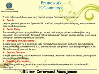 Universitas 
Muhammadiyah Gresik 
Framework 
E-Commerce 
5 area (pilar) pendukung atau yang disebut sebagai Framework E-commerce: 
Sistem Informasi Manajemen 
People : 
penjual, pembeli, perantara, Spesialis S.I., staff lain, dan pihak-pihak lain yang termasuk dalam 
area pendukung utama. 
Public Policy : 
Peraturan legal maupun regulasi lainnya, seperti perlindungan privasi dan kewajiban yang 
ditentukan oleh pemerintah. Termasuk hal-hal sehubungan dengan standar-standar teknis yang 
ditetapkan pemerintah pembuat ketetapan. 
Marketing and Advertising : 
Seperti bisnis lainnya, E-commerce juga membutuhkan dukungan marketing dan Advertising. 
Khususnya pada transaksi online B2C dimana pembeli dan penjual tidak saling mengenal. Cth : 
Market research, promosi, isi web 
Support Services : 
Banyak service yang dibutuhkan dalam E-commerce, mulai dari kejelasan isi web, pembayaran 
sampai pengiriman barang. 
Business Partnership : 
penggabungan usaha, pertukaran, dan kerjasama bisnis merupakan hal biasa dalam E-commerce 
 