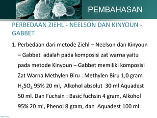 PERBEDAAN ZIEHL - NEELSON DAN KINYOUN -
GABBET
1. Perbedaan dari metode Ziehl – Neelson dan Kinyoun
– Gabbet adalah pada komposisi zat warna yaitu
pada metode Kinyoun – Gabbet memiliki komposisi
Zat Warna Methylen Biru : Methylen Biru 1,0 gram
H2SO4 95% 20 ml, Alkohol absolut 30 ml Aquadest
50 ml. Dan Fuchsin : Basic fuchsin 4 gram, Alkohol
95% 20 ml, Phenol 8 gram, dan Aquadest 100 ml.
PEMBAHASAN
 