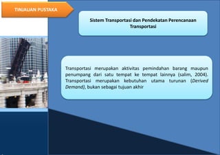 9
TINJAUAN PUSTAKA
Sistem Transportasi dan Pendekatan Perencanaan
Transportasi
Transportasi merupakan aktivitas pemindahan barang maupun
penumpang dari satu tempat ke tempat lainnya (salim, 2004).
Transportasi merupakan kebutuhan utama turunan (Derived
Demand), bukan sebagai tujuan akhir
 