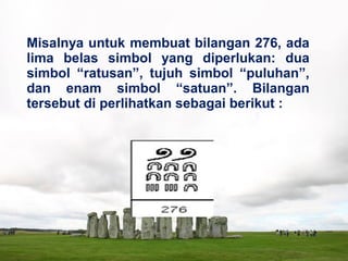 Misalnya untuk membuat bilangan 276, ada
lima belas simbol yang diperlukan: dua
simbol “ratusan”, tujuh simbol “puluhan”,
dan enam simbol “satuan”. Bilangan
tersebut di perlihatkan sebagai berikut :
 