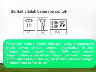 Berikut adalah beberapa contoh:
Perhatikan bahwa ketika bilangan yang mengandung
terlalu banyak simbol “bagian”, ditempatkan di atas
bilangan bulat, seperti dalam 1/249, maka simbol
“bagian” ditempatkan di atas “bagian pertama” bilangan.
Simbol diletakkan di atas bagian pertama karena bilangan
ini dibaca dari kanan ke kiri.
 