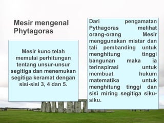 Mesir mengenal
Phytagoras
Dari pengamatan
Pythagoras melihat
orang-orang Mesir
menggunakan mistar dan
tali pembanding untuk
menghitung tinggi
bangunan maka ia
terinspirasi untuk
membuat hukum
matematika untuk
menghitung tinggi dan
sisi miring segitiga siku-
siku.
Mesir kuno telah
memulai perhitungan
tentang unsur-unsur
segitiga dan menemukan
segitiga keramat dengan
sisi-sisi 3, 4 dan 5.
 