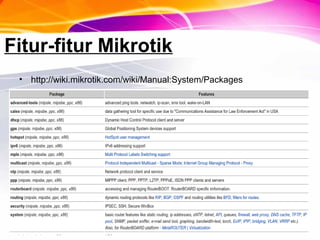 Fitur-fitur Mikrotik
• http://wiki.mikrotik.com/wiki/Manual:System/Packages
 