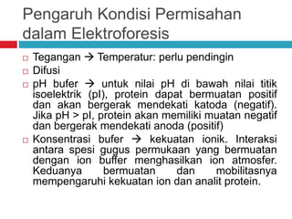 Pengaruh Kondisi Permisahan
dalam Elektroforesis
 Tegangan  Temperatur: perlu pendingin
 Difusi
 pH bufer  untuk nilai pH di bawah nilai titik
isoelektrik (pI), protein dapat bermuatan positif
dan akan bergerak mendekati katoda (negatif).
Jika pH > pI, protein akan memiliki muatan negatif
dan bergerak mendekati anoda (positif)
 Konsentrasi bufer  kekuatan ionik. Interaksi
antara spesi gugus permukaan yang bermuatan
dengan ion buffer menghasilkan ion atmosfer.
Keduanya bermuatan dan mobilitasnya
mempengaruhi kekuatan ion dan analit protein.
 