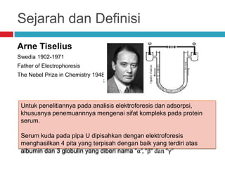Sejarah dan Definisi
Arne Tiselius
Swedia 1902-1971
Father of Electrophoresis
The Nobel Prize in Chemistry 1948
Untuk penelitiannya pada analisis elektroforesis dan adsorpsi,
khususnya penemuannnya mengenai sifat kompleks pada protein
serum.
Serum kuda pada pipa U dipisahkan dengan elektroforesis
menghasilkan 4 pita yang terpisah dengan baik yang terdiri atas
albumin dan 3 globulin yang diberi nama “α”, “β” dan “γ”
 