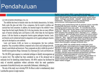 Bakteri asam laktat ( BAL ) yang dikenal sebagai
mikroorganisme yang memiliki sifat probiotik . Mereka
dapat menghasilkan senyawa penghambat seperti asam
laktat , hidrogen peroksida , diasetil , asetal dehyde dan
bakteriosin . Senyawa ini mampu menghambat
pertumbuhan mikroorganisme berbahaya
 Bandeng yang berkembang biak di perairan payau memiliki
karakteristik bertubuh ramping , sirip bercabang , sisik
berdaging seperti kaca dan putih . Ini memiliki keunikan ,
yang mulutnya ompong dan dasar rumput laut konsumsi
makanan . Selain itu , panjang usus dari bandeng 9 kali
lebih panjang dari panjang tubuh ( Murtidjo [ 4 ] ) . Dalam
usus panjang , ada berbagai jenis bakteri termasuk bakteri
asam laktat ( BAL ) , yang membantu proses pencernaan
makanan . BAL juga berfungsi bakteri antagonis terhadap
bakteri patogen . Bakteri asam laktat dapat diisolasi dan
diuji aktivitas antagonis terhadap bakteri patogen dan
dapat dikembangkan sebagai antibiotik baru .
 Urutan gen rRNA 16s adalah teknik molekuler untuk
mengidentifikasi mikroorganisme hingga tingkat spesies .
Metode ini telah dianggap sebagai salah satu alat canggih
ditingkat molekuler untuk mengidentifikasi bakteri yang
diisolasi . analisis 16S rRNA telah memfasilitasi studi
populasi mikroba tanpa budidaya berdasarkan penilaian
kuantitatif darikeanekaragaman mikroba saat ini (
Subramani , Aalbersberg [ 9 ] ) .Tujuan dari penelitian ini
adalah untuk mengembangkan PCR 18s rRNA untuk
secara bersamaan mendeteksi spesies Lactobacillus
dalam reaksi tunggal .
 