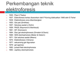 Perkembangan teknik
elektroforesis
 1930 : Pipa U Tiselus
 1937 : Elekroforesis kertas disarankan oleh P Koning diaktualkan 1948 oleh E Fisher
 1939 : Elektroforesis zona dikembangkan
 1955 : Gel pati (Smithies)
 1957 : Selulosa asetat (J Kohn)
 1959 : PAGE (Raymond & Weintraub)
 1961 : IEF (Svensson)
 1964 : Disc gel electrophoresis (Ornstein & Davis)
 1969 : SDS electrophoresis (Beber & Osborn)
 1971 : Gel selulosa asetat (Meera)
 1975 : Elektroforesis 2 Dimensi
 1977 : sekuensing gel digunakan
 1979 : gel agarosa
 1983 : pulsed field electrophoresis
 1983 : capillary electrophoresis
 