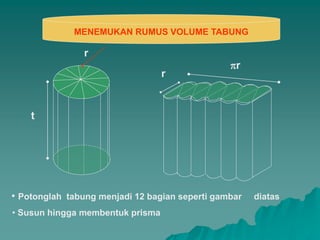 t
r
r
r
MENEMUKAN RUMUS VOLUME TABUNG
• Potonglah tabung menjadi 12 bagian seperti gambar diatas
• Susun hingga membentuk prisma
 