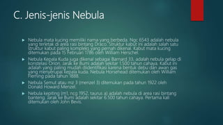 C. Jenis-jenis Nebula
 Nebula mata kucing memiliki nama yang berbeda. Ngc 6543 adalah nebula
yang terletak di area rasi bintang Draco. Struktur kabut ini adalah salah satu
struktur kabut paling kompleks yang pernah dikenal. Kabut mata kucing
ditemukan pada 15 Februari 1786 oleh William Herschel.
 Nebula Kepala Kuda juga dikenal sebagai Barnard 33, adalah nebula gelap di
konstelasi Orion. Jarak ke Bumi adalah sekitar 1.500 tahun cahaya. Kabut ini
adalah yang paling mudah diidentifikasi karena bentuk debu dan awan gas
yang menyerupai kepala kuda. Nebula Horsehead ditemukan oleh William
Fleming pada tahun 1888.
 Nebula Semut atau mz 3 (menzel 3) ditemukan pada tahun 1922 oleh
Donald Howard Menzel.
 Nebula kepiting (m1, ncg 1952, taurus a) adalah nebula di area rasi bintang
banteng. Jarak ke Bumi adalah sekitar 6.500 tahun cahaya. Pertama kali
ditemukan oleh John Bevis.
 