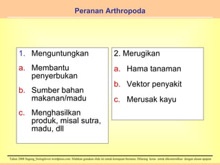 Peranan Arthropoda Menguntungkan a.   Membantu penyerbukan b.   Sumber bahan makanan/madu c.   Menghasilkan produk, misal sutra, madu, dll 2. Merugikan a.   Hama tanaman b.   Vektor penyakit c.   Merusak kayu 