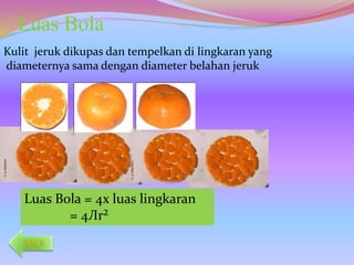Luas Bola
Luas Bola = 4x luas lingkaran
= 4Лr²
Kulit jeruk dikupas dan tempelkan di lingkaran yang
diameternya sama dengan diameter belahan jeruk
BACK
 