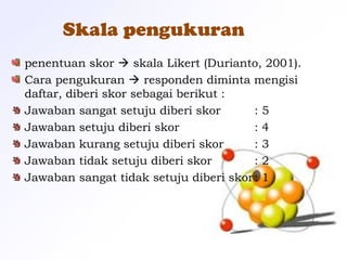 Skala pengukuran
penentuan skor  skala Likert (Durianto, 2001).
Cara pengukuran  responden diminta mengisi
daftar, diberi skor sebagai berikut :
Jawaban sangat setuju diberi skor : 5
Jawaban setuju diberi skor : 4
Jawaban kurang setuju diberi skor : 3
Jawaban tidak setuju diberi skor : 2
Jawaban sangat tidak setuju diberi skor: 1
 