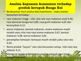 Analisa kepuasan konsumen terhadap
produk kerupuk Bunga Kol
• Berdasarkan hasil analisa data kuestioner , maka anemo
konsumen terhadap :
• rasa makanan tinggi : nilai rata-rata rasa makanan enak 4,46;
rasa dominan bunga kol 3,89; rasa gurih makanan 4,65 dan
kerenyahan 4,12.
• warna makanan, bentuk makanan, aroma makanan masih
rendah yaitu nilai rata-rata aroma makanan 3,47; bentuk
makanan 3,38; warna makanan 3,65.
• penampilan kemasan: kemasan masih rendah yaitu rata-rata
3,24;
• Nama produk “Suyuzi” rata-rata konsumen setuju nilai rata-rata
sebesar 4,11.
• Mengenai jaminan kebersihan produk nampak juga tinggi
dengan nilai 3,89.
 