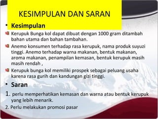 KESIMPULAN DAN SARAN
• Kesimpulan
Kerupuk Bunga kol dapat dibuat dengan 1000 gram ditambah
bahan utama dan bahan tambahan.
Anemo konsumen terhadap rasa kerupuk, nama produk suyuzi
tinggi. Anemo terhadap warna makanan, bentuk makanan,
aroma makanan, penampilan kemasan, bentuk kerupuk masih
masih rendah ,
Kerupuk bunga kol memiliki prospek sebagai peluang usaha
karena rasa gurih dan kandungan gizi tinggi.
• Saran
1. perlu memperhatikan kemasan dan warna atau bentuk kerupuk
yang lebih menarik.
2. Perlu melakukan promosi pasar
 