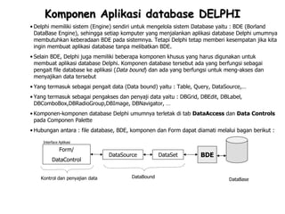 Komponen Aplikasi database DELPHI
• Delphi memiliki sistem (Engine) sendiri untuk mengelola sistem Database yaitu : BDE (Borland
  DataBase Engine), sehingga setiap komputer yang menjalankan aplikasi database Delphi umumnya
  membutuhkan keberadaan BDE pada sistemnya. Tetapi Delphi tetap memberi kesempatan jika kita
  ingin membuat aplikasi database tanpa melibatkan BDE.
• Selain BDE, Delphi juga memiliki beberapa komponen khusus yang harus digunakan untuk
  membuat aplikasi database Delphi. Komponen database tersebut ada yang berfungsi sebagai
  pengait file database ke aplikasi (Data bound) dan ada yang berfungsi untuk meng-akses dan
  menyajikan data tersebut
• Yang termasuk sebagai pengait data (Data bound) yaitu : Table, Query, DataSource,…
• Yang termasuk sebagai pengakses dan penyaji data yaitu : DBGrid, DBEdit, DBLabel,
  DBComboBox,DBRadioGroup,DBImage, DBNavigator, …
• Komponen-komponen database Delphi umumnya terletak di tab DataAccess dan Data Controls
  pada Componen Palette
• Hubungan antara : file database, BDE, komponen dan Form dapat diamati melalui bagan berikut :

     Interface Aplikasi

               Form/
                                 DataSource          DataSet       BDE
          DataControl


    Kontrol dan penyajian data           DataBound
                                                                              DataBase
 