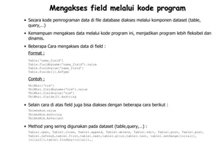 Mengakses field melalui kode program
• Secara kode pemrograman data di file database diakses melalui komponen dataset (table,
  query,…)
• Kemampuan mengakses data melalui kode program ini, menjadikan program lebih fleksibel dan
  dinamis.
• Beberapa Cara mengakses data di field :
  Format :
  Table[‘nama_field’]
  Table.fieldbyname(‘nama_field’).value
  Table.fieldvalue[‘nama_field’]
  Table.fields[i].AsType

  Contoh :
  TblMhs1[‘nim’]
  TblMhs1.fieldbyname(‘nim’).value
  TblMhs1.fieldvalue[‘nim’]
  TblMhs1.fields[0].AsString

• Selain cara di atas field juga bisa diakses dengan beberapa cara berikut :
  TblmhsNim.value
  TblmhsNim.AsString
  TblmhsNim.AsVariant

• Method yang sering digunakan pada dataset (table,query,…) :
  Table1.open, Table1.close, Table1.append, Table1.delete, Table1.edit, Table1.post, Table1.post,
  Table1.refresh,table1.first,table1.next,table1.prior,table1.last, table1.setRange([nilai1],
  [nilai2]),table1.findkey([nilai]),…
 