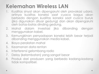 Kelebihan dan Kelemahan
Wireless LAN
Kelebihan Wireless LAN
1. Mobilitas dan Produktivitas Tinggi
2. Kemudahan dan Kecepatan instalasi
3. Instalasi Fleksibel
4. Menurunkan Biaya Kepemilikan
5. Skalabilitas
 