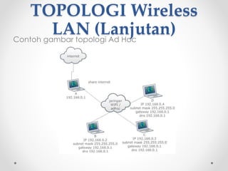 TOPOLOGI Wireless
LAN
 Mode Ad hoc
Topologi jaringan ini adalah topologi jaringan wireless yang
paling sederhana. Pada koneksi mode ini, komputer dihubungkan
secara langsung tanpa menggunakan perantara, sama halnya
pada mode peer to peer pada jaringan konvensional. Namun,
berbeda dengan jaringan konvensional yang menggunakan kabel
UTP tipe cross yang hanya dapat menhubungkan 2 PC, pada mode
ad-hoc kita dapat menghubungkan lebih dari dua PC dengan
menambah wireless adapter pada masing-masing PC. Topologi ad-
hoc ini juga disebut dengan IBSS (Independent Basic Service Set).
Model ini cocok digunakan untuk WLAN berukuran kecil, mode ini tidak
memerlukan central node atau access point. Klien Wi-Fi dapat berkomunikasi
secara peer to peer.
Mode Ad Hoc dapat digunakan jika WLAN yang akan dibangun tidak
akan terhubung dengan wired LAN
 