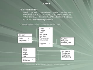 Faktur * Tanggal Jam Jml_harga Jml_item Pembayaran Jml_kembali Kd_kasir ** Jml_jual Faktur ** Kd_barang ** Kd_kasir * Nm_kasir Passwd_kasir Kd_barang * Nm_barang Hrg_barang Stok_barang Nomor Nama Harga Jumlah Total Kd_barang  ** BAB II 2.1 Normalisasi File Untuk proses normalisasi pada  “ PEMBUATAN  PROGRAM  APLIKASI   PENJUALAN   BARANG  PADA  PT.  “XYZ” DENGAN  MENGGUNAKAN MICROSOFT VISUAL BASIC 6.0”   adalah sebagai berikut : 1.  Bentuk Normal kedua  ( Second Normal Form / 2 NF ) Gambar  Bentuk Normal kedua  ( Second Normal Form / 2 NF ) 
