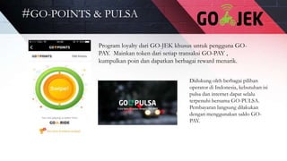 #GO-POINTS & PULSA
Program loyalty dari GO-JEK khusus untuk pengguna GO-
PAY. Mainkan token dari setiap transaksi GO-PAY ,
kumpulkan poin dan dapatkan berbagai reward menarik.
Didukung oleh berbagai pilihan
operator di Indonesia, kebutuhan isi
pulsa dan internet dapat selalu
terpenuhi bersama GO-PULSA.
Pembayaran langsung dilakukan
dengan menggunakan saldo GO-
PAY.
 
