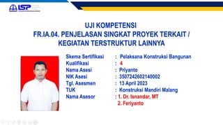 UJI KOMPETENSI
FR.IA.04. PENJELASAN SINGKAT PROYEK TERKAIT /
KEGIATAN TERSTRUKTUR LAINNYA
FOTO ASESI
Skema Sertifikasi : Pelaksana Konstruksi Bangunan
Kualifikasi : 4
Nama Asesi : Priyanto
NIK Asesi : 3507242602140002
Tgl. Asesmen : 13 April 2023
TUK : Konstruksi Mandiri Malang
Nama Asesor : 1. Dr. Isnandar, MT
2. Feriyanto
 