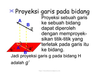 Proyeksi garis pada bidang Proyeksi sebuah garis ke sebuah bidang dapat diperoleh  dengan memproyek- sikan titik-titik yang terletak pada garis itu ke bidang. A A’ g Jadi proyeksi garis g pada bidang H  adalah  g’ B B’ g’ http://meetabied.wordpress.com H 