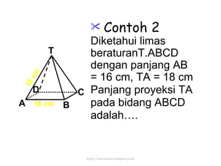 Contoh 2 Diketahui limas beraturanT.ABCD dengan panjang AB = 16 cm, TA = 18 cm Panjang proyeksi TA pada bidang ABCD adalah…. 16 cm 18 cm http://meetabied.wordpress.com T A D C B 