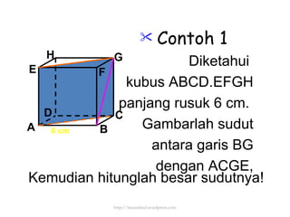 Contoh 1 Diketahui  kubus ABCD.EFGH panjang rusuk 6 cm.  Gambarlah sudut antara garis BG dengan ACGE, 6 cm Kemudian hitunglah besar sudutnya! http://meetabied.wordpress.com A B C D H E F G 