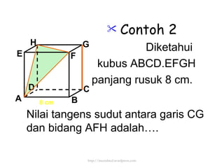 Contoh 2 Diketahui  kubus ABCD.EFGH panjang rusuk 8 cm.  8 cm Nilai tangens sudut antara garis CG dan bidang AFH adalah…. http://meetabied.wordpress.com A B C D H E F G 