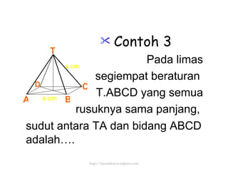 Contoh 3 Pada limas segiempat beraturan  T.ABCD yang semua rusuknya sama panjang,  sudut antara TA dan bidang ABCD adalah…. http://meetabied.wordpress.com T A B C D a cm a cm 