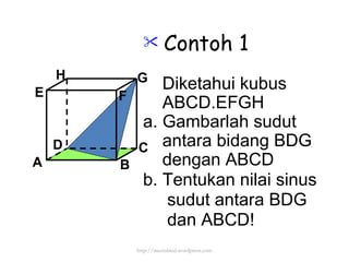 Contoh 1 Diketahui kubus ABCD.EFGH a. Gambarlah sudut antara bidang BDG dengan ABCD b. Tentukan nilai sinus sudut antara BDG dan ABCD! http://meetabied.wordpress.com A B C D H E F G 
