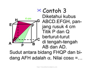 Contoh 3 Diketahui kubus ABCD.EFGH, pan- jang rusuk 4 cm Titik P dan Q  berturut-turut di tengah-tengah AB dan AD.  Sudut antara bidang FHQP dan bi- dang AFH adalah   . Nilai cos   =… 4 cm P Q http://meetabied.wordpress.com A B C D H E F G 