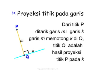 Proyeksi titik pada garis Dari titik P ditarik garis  m   garis  k garis  m  memotong  k  di Q, titik Q  adalah  hasil proyeksi  titik P pada  k P Q k m http://meetabied.wordpress.com 